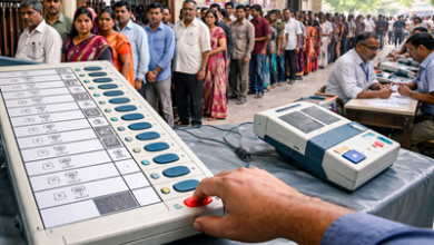 Indian voter pressing NOTA button on EVM during election